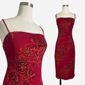 Vintage 90s y2k Ecru Studio Red paisley floral straight neck stretch dress XS/S